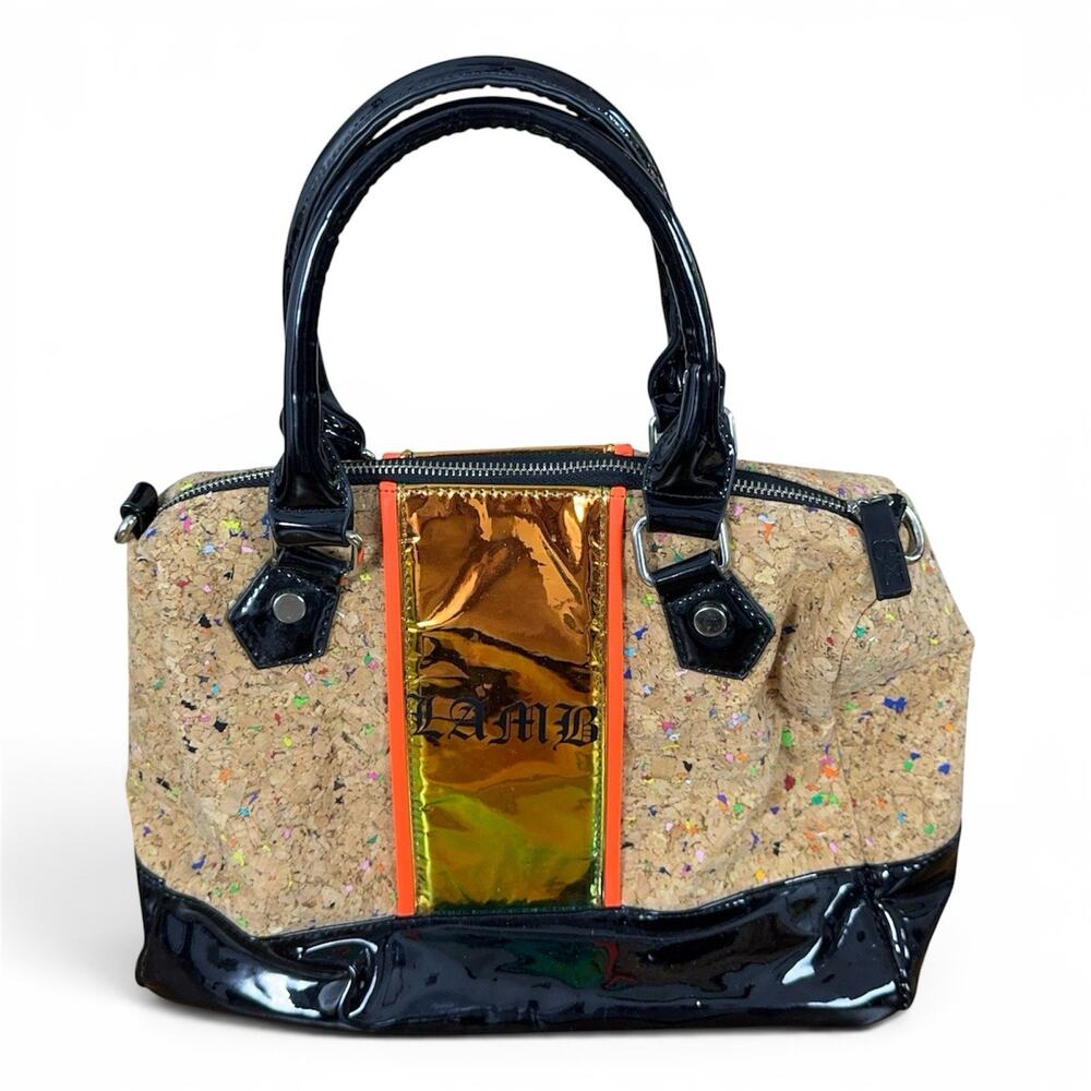 L.A.M.B. Cork Tote Bag with Black Patent Trim and Gold Accent